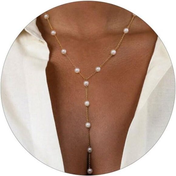 Pearl Necklaces for Women - 14k Gold Plated Dainty Gold Pearl Necklace Simple Ev - Picture 1 of 7